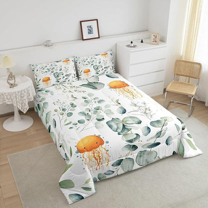 Erosebridal Kawaii Jellyfish Toddler Bedding Sets for Boys Girls Cartoon Animal Comforter Set, Eucalyptus Leaves Bedding Comforter Sets Ocean Wildlife Duvet Insert, Tropical Plants Down Comforter
