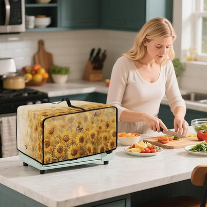 Microwave Oven Cover Dustproof Air Fryer Toaster Oven Protector with Storage Pockets, Stain-resistant Small Appliance Cover for Kitchen Decor, L, Sunflower Butterfly
