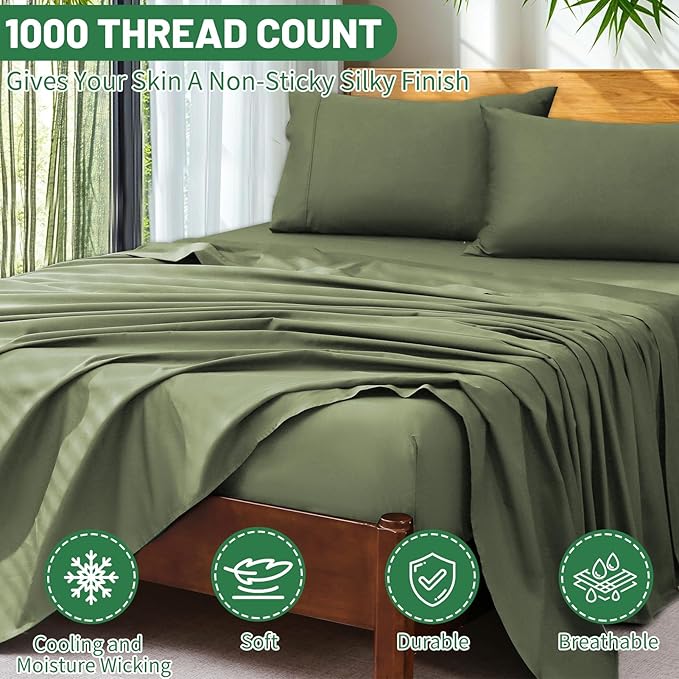 Extra Deep Pocket California King Sheets 18-24 Inch 1000 Thread Count 100% Egyptian Cotton Sateen Weave Soft Breathable 4 Pieces（California King,Olive Green）