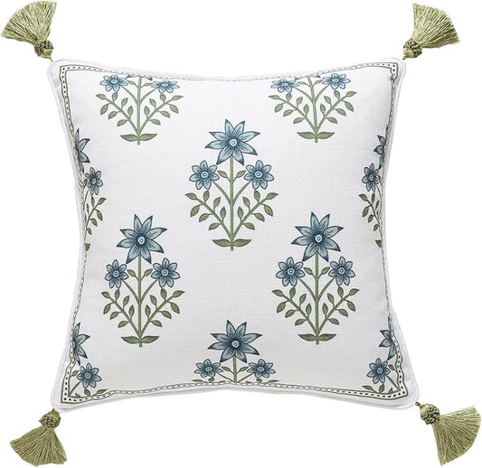 ISAENNE Design Fresh Linen Square Throw Pillow Covers 18"x18", French White Cottage Cushion Covers with Blue Floral Branches Pattern Decor Pillowcases for Bed,Living Room,Outdoor,Car