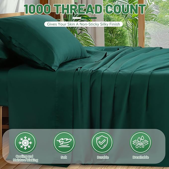 Egyptian Cotton Sheets Full Size 4PCS 1000 Thread Count Sateen Weave Soft Breathable 16-Inch Deep Pocket （Full,Dark Green）