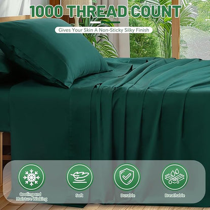 1000 Thread Count Egyptian Cotton Sheets Queen Size Set 4PCS Sateen Weave Soft Breathable 16-Inch Deep Pocket（Queen,Dark Green）