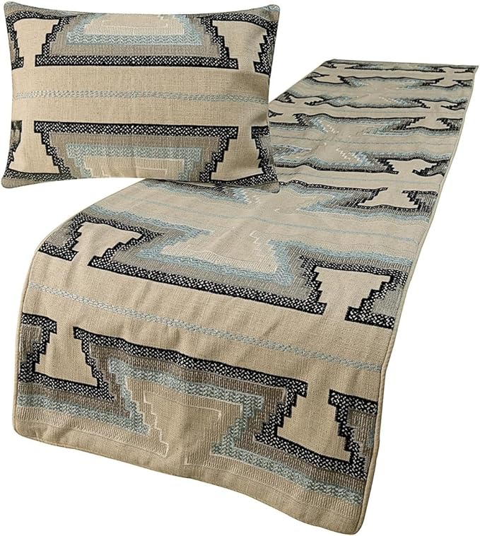 The HomeCentric King Queen Twin Blue & Ivory Designer Full 68"x18" Bed Runner Without Pillow Cover, Embroidered Bed Scarf on Cotton Fabric - Aztec Armour