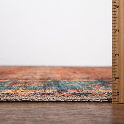 Bloom Rugs Washable Non-Slip 2' x 3' Rug - Orange/Teal Blue Traditional Bordered Area Rug for Living Room, Bedroom, Dining Room, and Kitchen - Exact Size: 2' x 3'