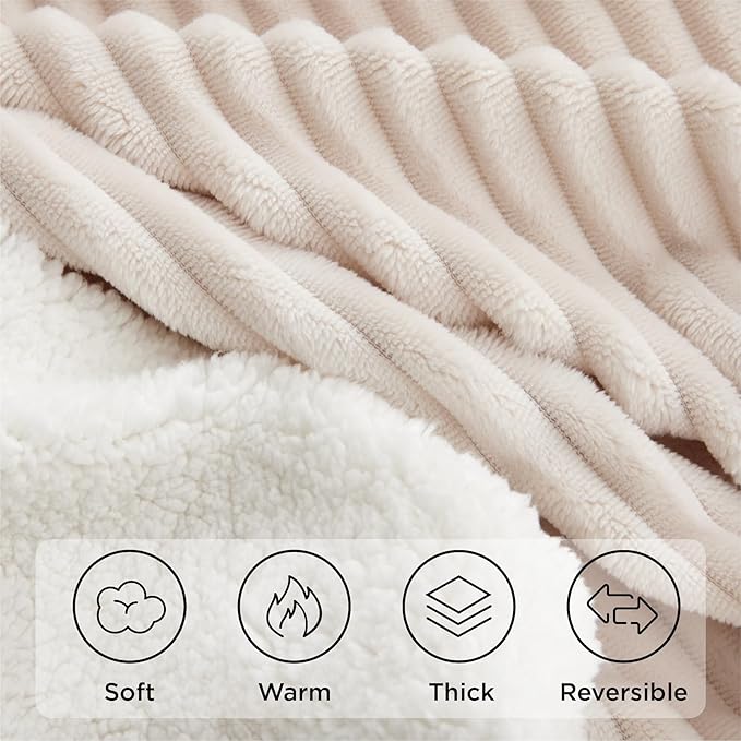 Sherpa Throw Blanket for Couch - Super Soft & Thick, White Throw Blanket, Warm Blankets for Winter, Fluffy Blanket for Sofa Bed, Striped Fleece, Cream, 50x60 Inches