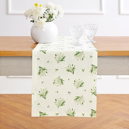 Solino Home Lily Floral Print Table Runner 108 Inches Long - 100% Pure Linen Table Runner 14 x 108 Inch - Lily of The Valley/Off White Print