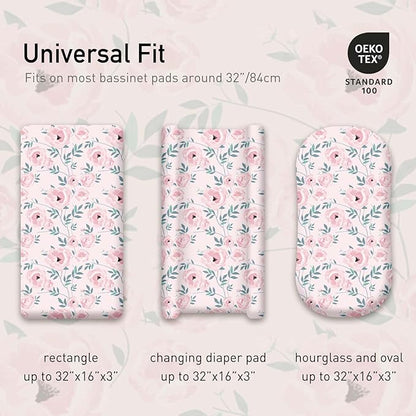Gllquen Baby Bassinet Sheets Set 2-Pack, Breathable Cozy Bassinet Fitted Sheet Universal Fit Standard Mattress Oval Rectangle Cradle Baby Sheets for Baby Boy Girls Unisex 32"x16" (Pink Flower)