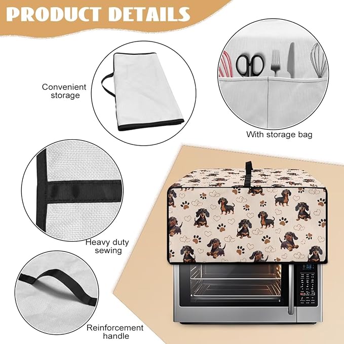 Dachshund Dog Heart Paw Print Toaster Oven Cover with Storage Bags Waterproof Dust Cover for Microwave Oven Polyester-Linen Fabric Small Appliance Dust Covers Fits Most Microwaves, S