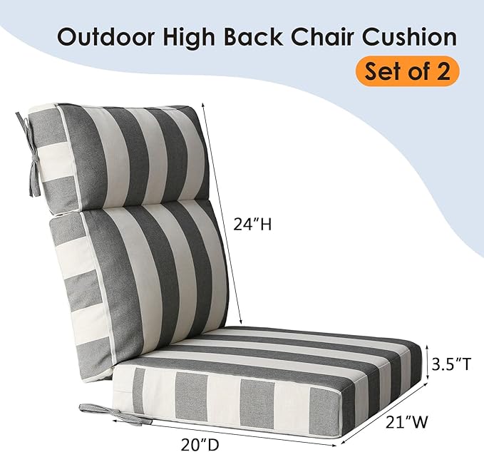 Outdoor High Back Chair Cushion Seat Pads, 44 x 21 Inch Water-Repellent & Fade-Resistant Patio Furniture Cushions with Ties for Adirondack, Rocking Chairs, Gray Stripe