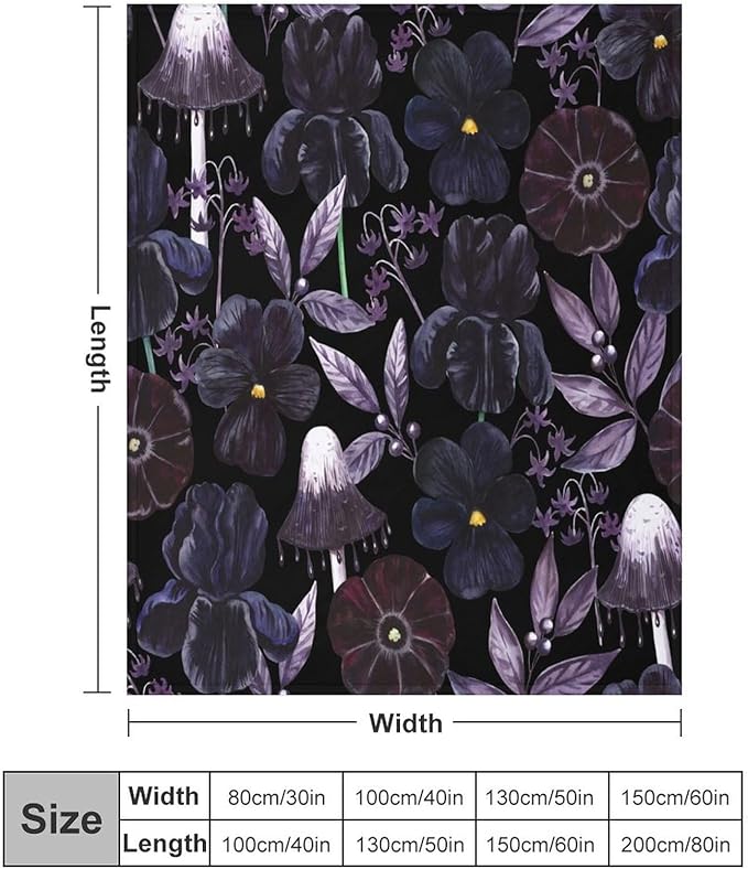 Gothic Floral Blanket, Vintage Abstract Black Purple Peony Flowers Mushroom Print Throw Blanket for Room Bedding Couch Decor Soft Lightweight Warm Cozy, 40"x50"