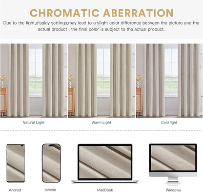 PrinceDeco 100% Blackout Linen Curtains 96 Inch Long Nature Burlap Fabric Black Out Curtains for Nursery,Heat & Light Blocking 2 Panels Set Grommet Window Drapes,Heathered Linen