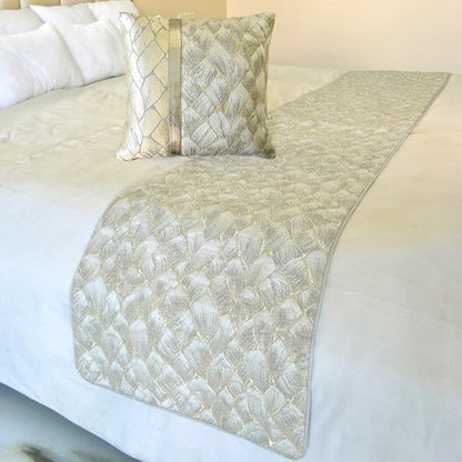 The HomeCentric King/Queen/Twin Ivory & Gold Decorative Full 68"x18" Bed Runner with Pillow Cover, Patchwork, Quilted, Jacquard Foil Bed Scarf on Jacquard Fabric - Spinzar