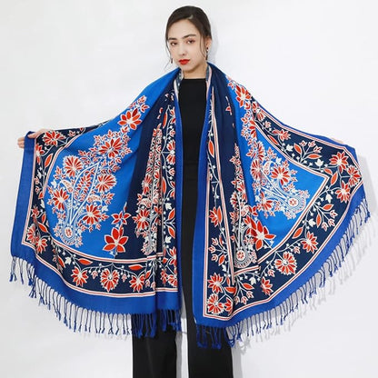 DANA XU 100% Merino Wool Pashmina Shawl for Women 96"x43", Oversized Cashmere Wrap with Tassels, Floral Travel Blanket Cape