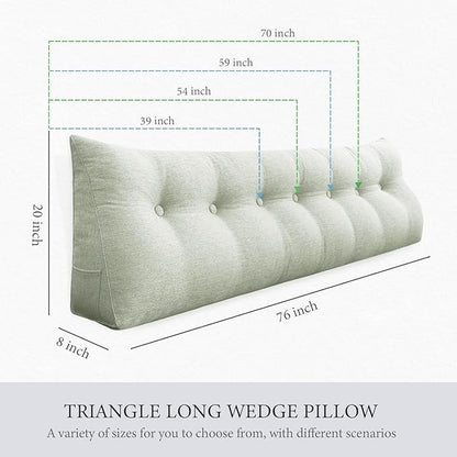 Wedge Headboard Pillow Dorm Room Reading Pillow Back Support for Sitting Up in Bed Bolster Lumbar Cushion Body Positioning Bedrest Cotton Linen 39in Grey-Beige Twin