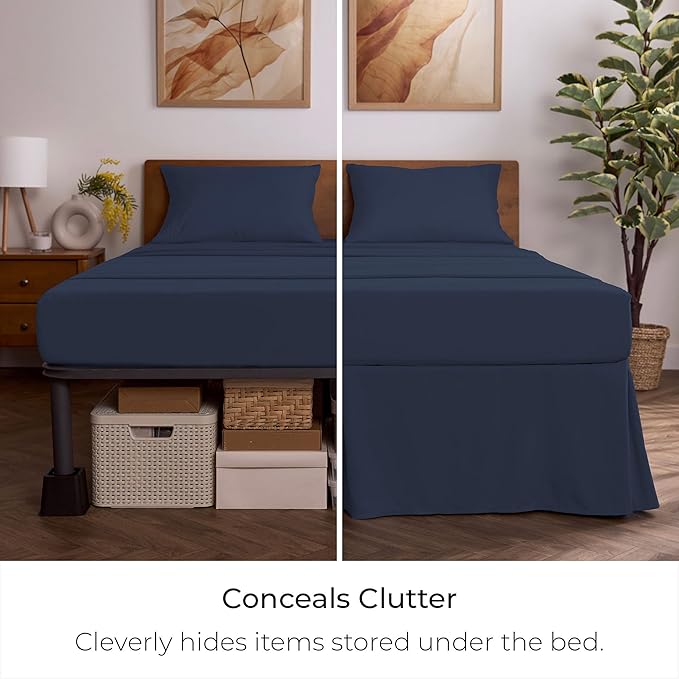 Mellanni Bed Skirt King Size - Bed Skirting - 15-Inch Tailored Drop Pleated Dust Ruffle - Hotel Luxury Bedding - Wrinkle, Fade, Stain Resistant - 1 Bedskirt (King, Navy Blue)