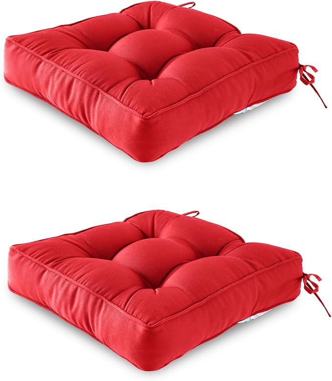 ARTPLAN Outdoor Seat Cushion,Square Thick Tufted Pure Chair Cushion for Patio Wicker Chair with Tie,Set of 2,19"x19"x5",Red
