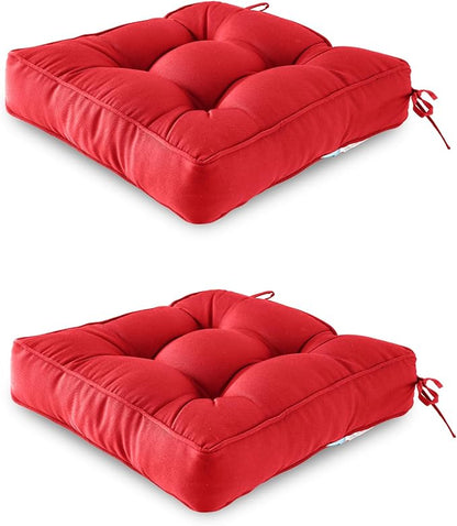 ARTPLAN Outdoor Seat Cushion,Square Thick Tufted Pure Chair Cushion for Patio Wicker Chair with Tie,Set of 2,19"x19"x5",Red