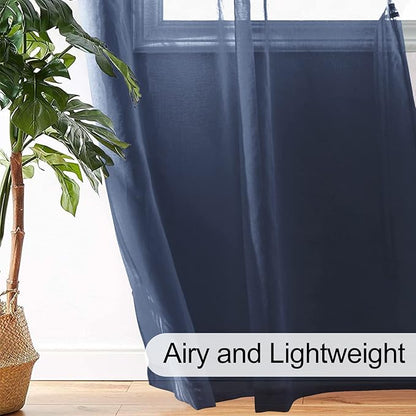 XWZO Sheer Curtains 84 Inches Long for Bedroom, Light Filtering Faux Linen Grommet Window Curtains for Living Room, Kids Room, Study with Tiebacks, Navy Blue, Set of 2 Panels, 52 x 84 Inches Long