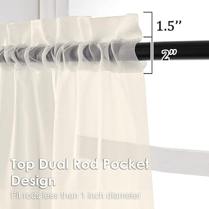 OVZME Cream Sheer Valances for Windows 14 Inch Length 2 Pcs, Light Filtering Short Kitchen Curtains, Top Dual Rod Pocket Small Curtains for Living Room Bedroom Basement, Each 42Wx14L Inches