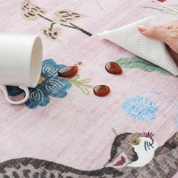 Rugcomf Round Rug 4ft Washable Circle Rug Non Slip Low Pile Boho Floral Animal Cat Small Circular Rug for Bedroom Bathroom Entryway Kids Room Office College Dorm, Pink