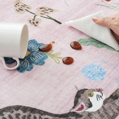 Rugcomf Door Mat Indoor Entrance 2x3 Rug Machine Washable Boho Floral Animal Cat Small Area Rug Non-Slip Low Pile Throw Rugs for Entryway Kitchen Front Door Indoor Entrance Entry Kids Room, Pink