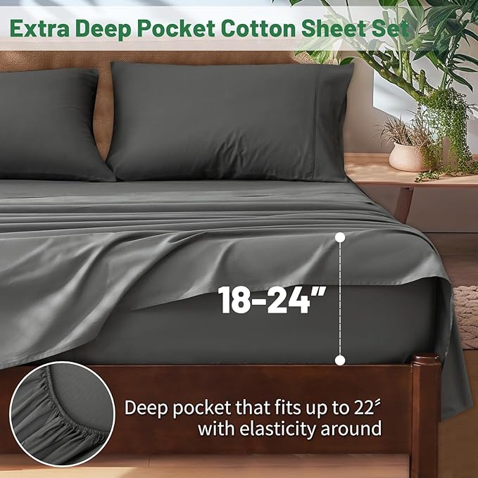 Extra Deep Pocket California King Sheets 18-24 Inch 100% Egyptian Cotton 1000 Thread Count Sateen Weave Soft Breathable 4 Pieces（Cal King,Dark Grey）