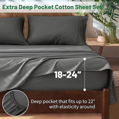 Extra Deep Pocket California King Sheets 18-24 Inch 100% Egyptian Cotton 1000 Thread Count Sateen Weave Soft Breathable 4 Pieces（Cal King,Dark Grey）