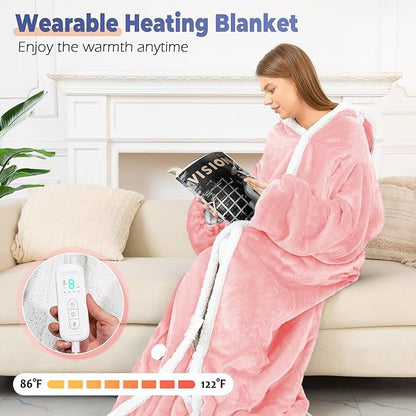 Wearable Heated Blanket with Foot Pocket, Electric Wearable Throw Blanket with Sleeves, Hood, Portable Heated Blanket with 8 Heat Settings, 1-10 Hours Auto Shut-off, Gift for Family, Friends, 50*70"