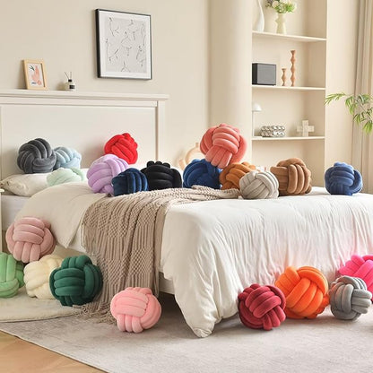 Decorative Throw Knot Pillow Ball for Home Chair Sofa Couch Bed Aesthetic Round Velvet Knotted Pillow Cushion (Yellow, 11 inches)