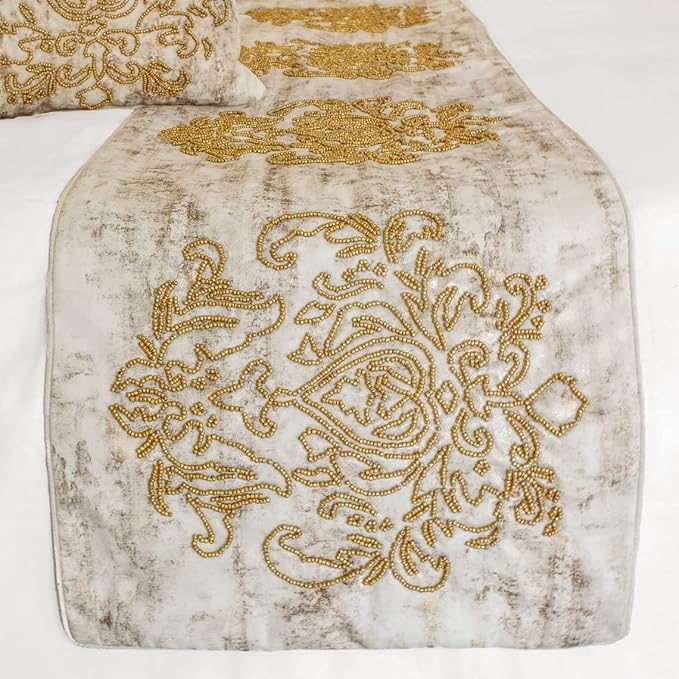 The HomeCentric King/Queen/Twin Ivory & Gold Designer Full 68"x18" Bed Runner Without Pillow Cover, Beaded & Foil Bed Scarf on Silk Fabric - Foil Damask Gold