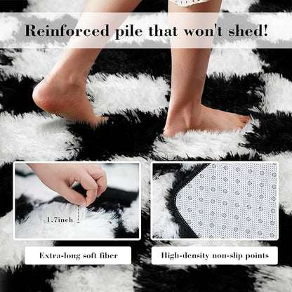 Checkered Rug for Bedroom, 2x6 Black and White Area Rugs, Classic Checkered Carpets Shaggy Area Rug, Bedside Rugs for Living Room Bedroom Kids Room Home Decor
