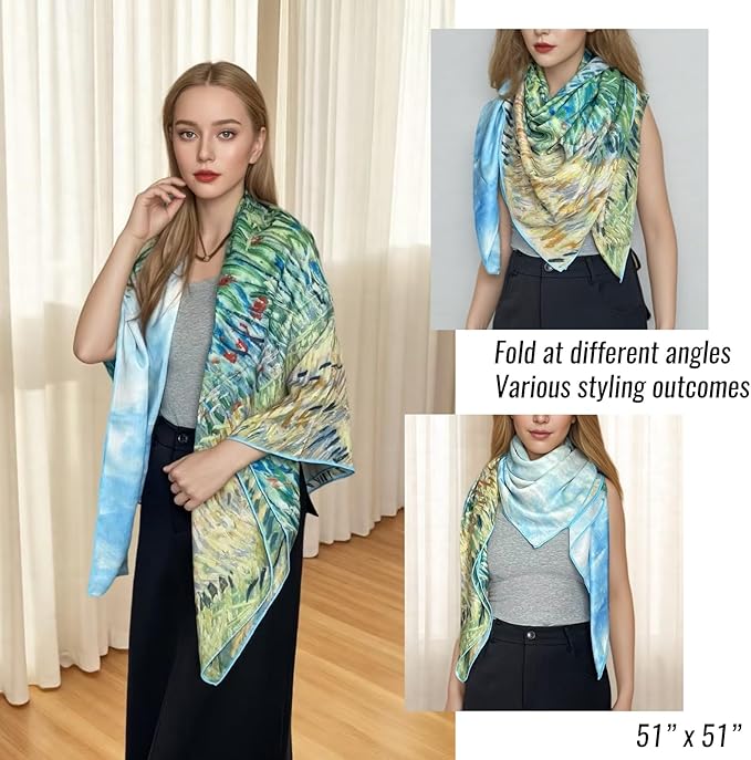 Artist Oil Painting Wraps 51"x51" Cashmere-Soft Art Pashmina Luxury Rolled Hem Women Large Travel Blanket Shawl