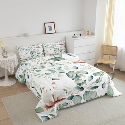 Erosebridal Kawaii Cat Full Bedding Sets for Boys Girls Cartoon Animal Comforter Set, Eucalyptus Leaves Bedding Comforter Sets Pet Kitten Duvet Insert, Tropical Botanical Plants Down Comforter