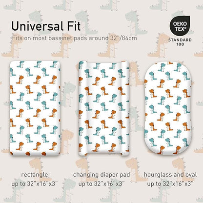 Gllquen Baby Bassinet Sheets 4 Pack, Breathable Cozy Fitted Mattress Sheet, Elastic Travel Crib Fashionable Floral Pattern, Standard Cradle Safe Sheets for Baby Boys Girls 32"x16"(Dinosaur)