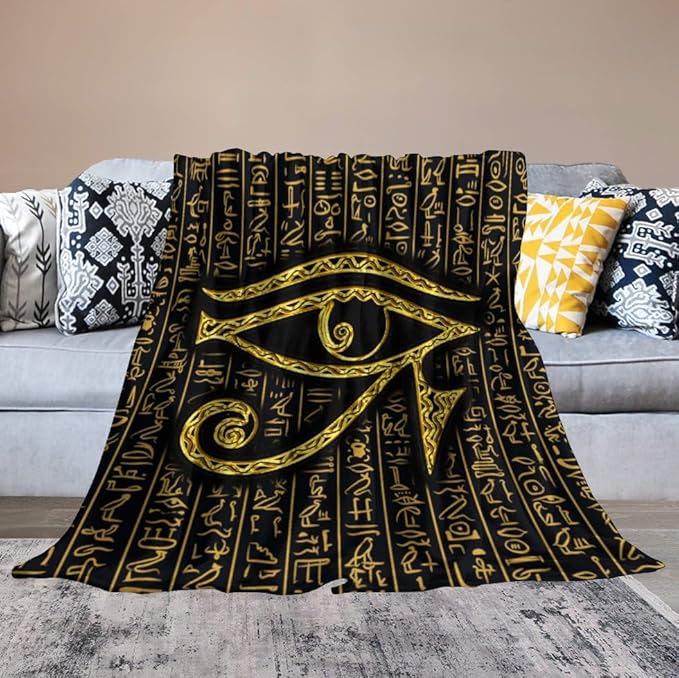 Ancient Egyptian Blanket, Egyptian Eye of Horus Ancient Culture Golden Egyptian Hieroglyphs Alphabet Print Blankets for Couch Sofa Bed Boys Mens, 30"x40"