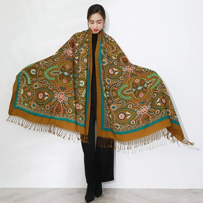 DANA XU 100% Merino Wool Pashmina Shawl for Women 96"x43", Oversized Cashmere Wrap with Tassels, Floral Travel Blanket Cape
