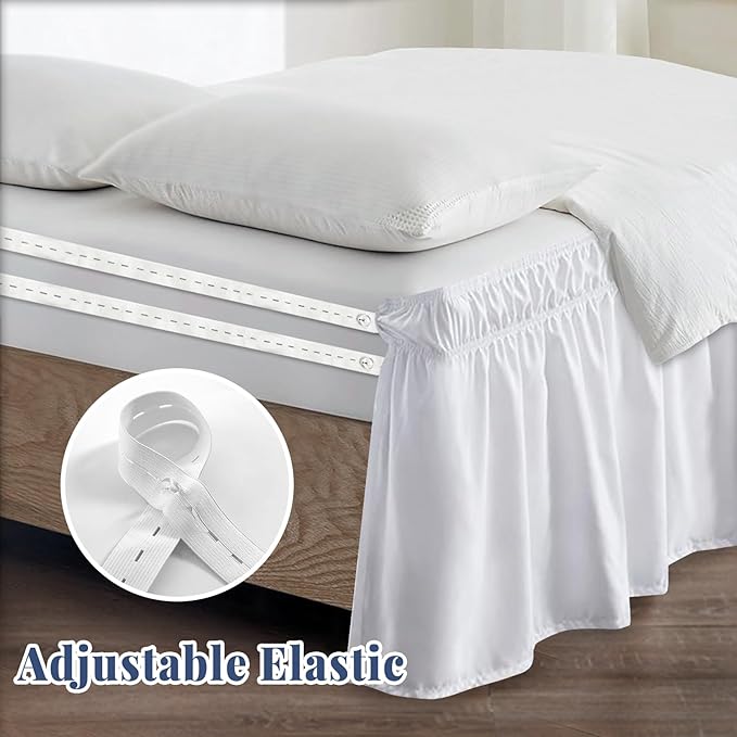 Twin Bed Skirt, Elastic Wrap Around Bed Skirt Twin Size, Bed Skirts for Adjustable Bed, Easy Fit with 18" Drop Length Tailored Drop Dust Ruffle (White)
