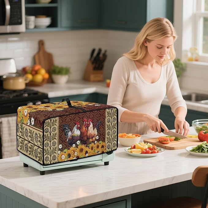 Microwave Oven Cover Waterproof Heavy Duty Microwave Oven Dust Cover with Storage Pockets Reusable Decor Accessories for Kitchen, Vintage Rooster Chicken Sunflower Daisy Floral Print, M