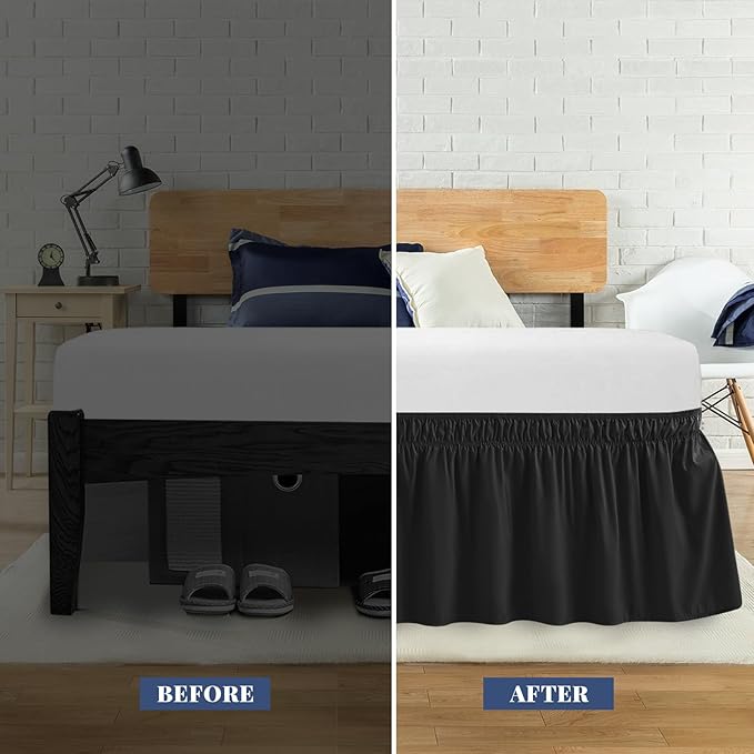 Queen Bed Skirt, Elastic Wrap Around Bed Skirt Queen Size, Bed Skirts for Adjustable Bed, Easy Fit with 14" Drop Length Tailored Drop Dust Ruffle (Black)