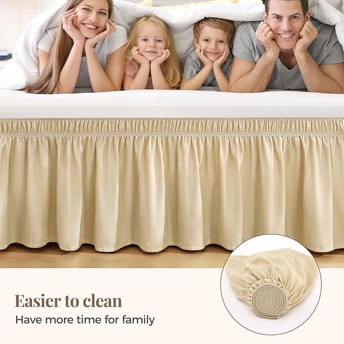 RIMELA Beige White Bed Skirt King Size 18 Inch Drop, Elastic Bed Skirting for Bed Base and Frame, Bedding Dust Ruffle Easy to Install, Lightweight Wrap Around Adjustable Bedskirt