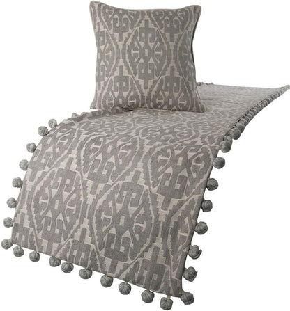 The HomeCentric Grey Bed Runner, Full Size 68"x18" Decorative Bed Runner with Matching Pillow Cover, Grey Cotton Bed Scarf in Aztec Pattern with Tassels - Grey Aztec