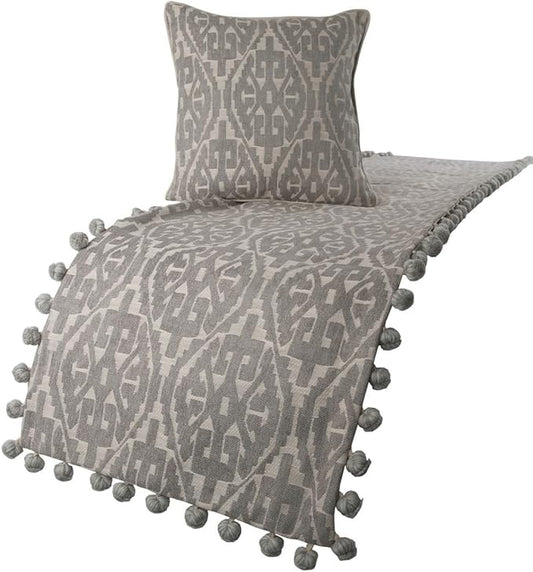 The HomeCentric Grey Bed Runner, Full Size 68"x18" Decorative Bed Runner with Matching Pillow Cover, Grey Cotton Bed Scarf in Aztec Pattern with Tassels - Grey Aztec