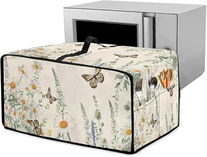 Butterfly Daisy Floral Print Microwave Oven Dust Cover Dust-Proof Heavy Duty Microwave Oven Cover with Storage Pockets Waterproof Decor Accessories for Kitchen, M