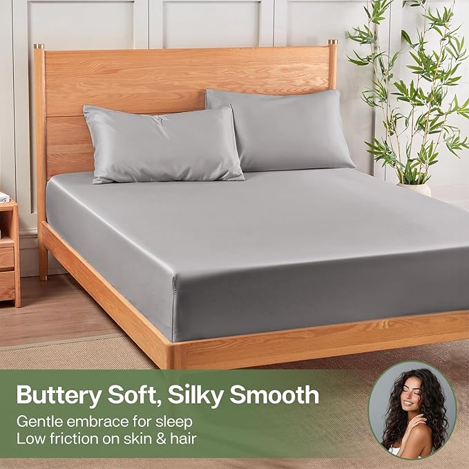 MR&HM King Fitted Sheet Only, Ultra-Soft Rayon Derived from Bamboo & Polyester Blend, Silky & Breathable, 15" Deep Pocket with Elastic Straps, Cooling Fitted Sheet for Hot Sleepers, Silver Grey
