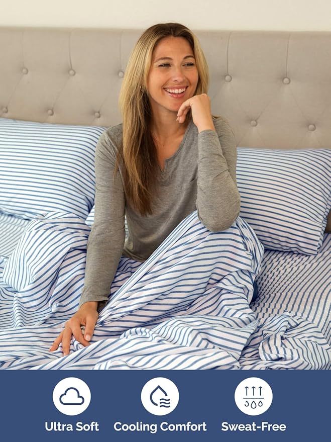 Extra Deep Pocket Twin XL Sheets - 3 Piece Breathable & Cooling Bed Sheets - Hotel Luxury Bed Sheet Set - Soft, Wrinkle Free & Comfy - Easily Fits Extra Deep Mattresses - Blue Striped Sheets Set