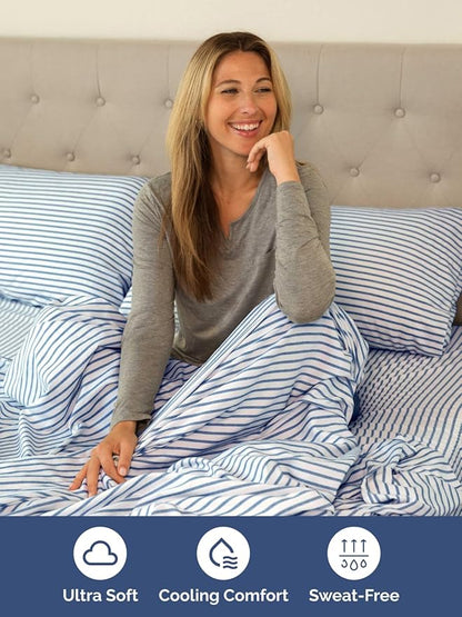 Extra Deep Pocket King Sheets - 4 Piece Breathable & Cooling Bed Sheets - Hotel Luxury Bed Sheet Set - Soft, Wrinkle Free & Comfy - Easily Fits Extra Deep Mattresses - Deep Pocket Blue Striped Sheets