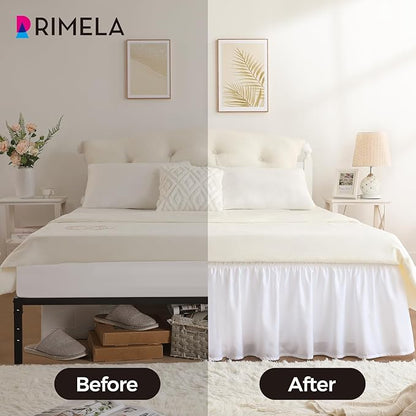 RIMELA Bed Skirting Queen Size White Bed Skirt 21 Inch Drop, Wrap Around Elastic Adjustable Bedskirt, Dust Ruffle for Bed Frame & Box Spring Soft Durable Fabric Machine Washable Easy to Install