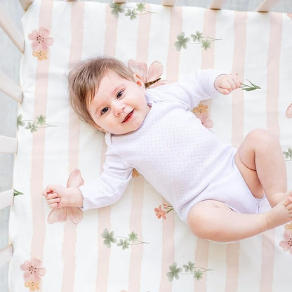 Nap Mat Sheet 47"x24", 3 Pack Pink Floral Baby Crib Sheets Fitted Elastic Corners, Preschool Day Care Rest Mat Cover, Soft Breathable - Compatible with Regalo My Cot, Joovy Travel Cot