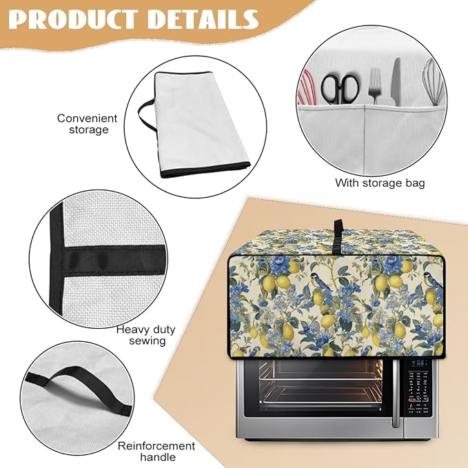 Lemon Floral Robin Bird Print Microwave Oven Dust Cover Heavy Duty Microwave Oven Grill Cover Dustproof Kitchen Machine Covers Case Protections for Toaster Oven, L
