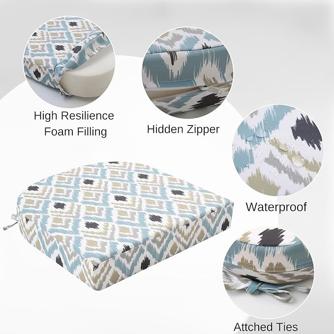 idee-home Outdoor Chair Cushions Set of 4, Thick 17" x 17" x 3" Outdoor Seat Cushions Patio Furniture Waterproof with Ties, Dining Pads